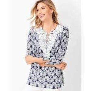 Talbots Navy & White Lightweight V-Neck Tunic ‎ Embroidery  Large 3/4 Sleeves
